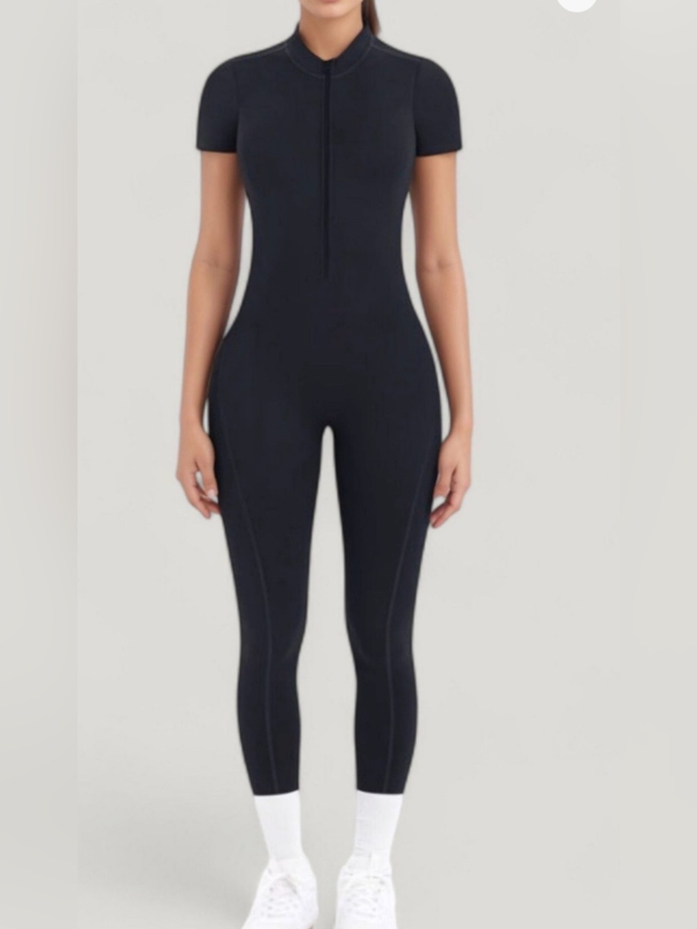 Black Short-Sleeve Zip-Front Fitted Jumpsuit size L fits like M